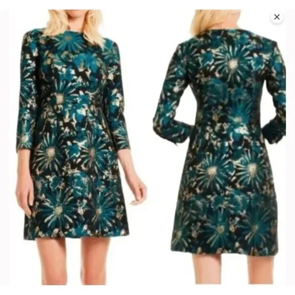 Trina Turk Moonrise Metallic Jacquard Dress Size 14 NWT Black Teal Gold Cocktail - Picture 2 of 14